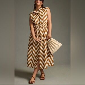 Maeve Tan and White Chevron Midi Dress 2X